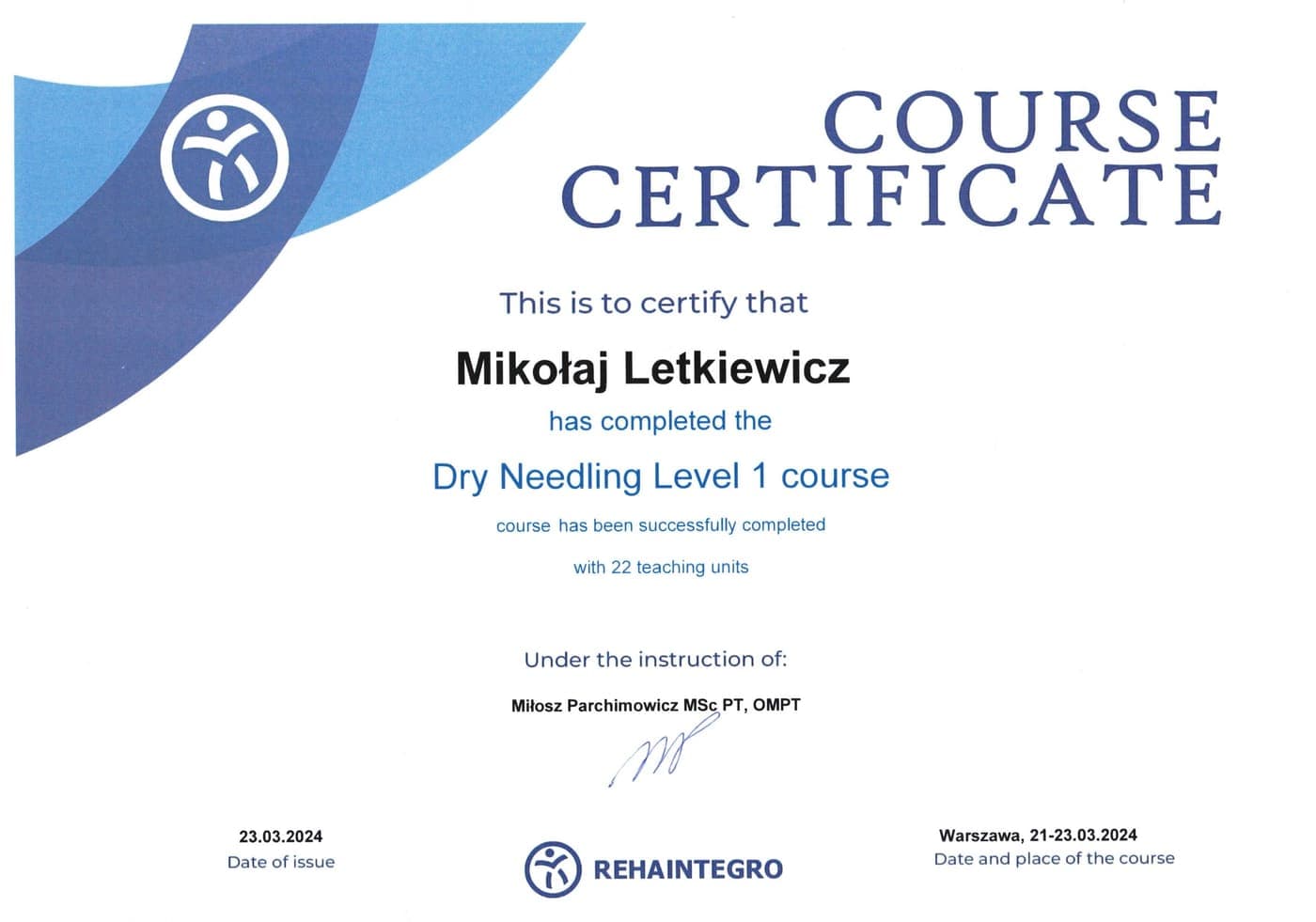 Suche igłowanie (Dry Needling), poziom 1